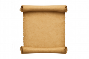 Old parchment scroll with rough edges, ancient paper texture, vintage manuscript, blank document on transparent background