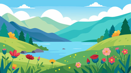 Fototapeta premium An inviting view of a peaceful lake nestled between rolling hills adorned by a colorful meadow of wildflowers a onceinalifetime spot for a serene getaway.