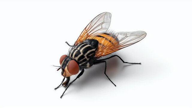 Detailed Macro Shot of a Housefly on White Background.