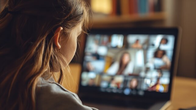 mixed race teen school girl college student distance learning during virtual remote class group online lesson on video conference call with teacher on computer screen studying at home by videocall no - Powered by Adobe