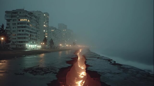 Night city street splitting open with glowing lava, apocalypse and global catastrophe concept, environmental disaster footage