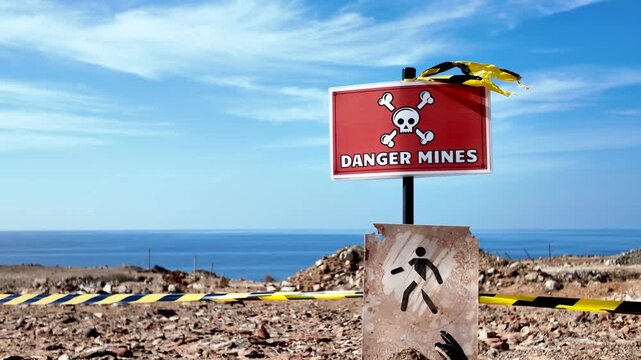 Red warning sign with skull and crossbones indicating an active minefield with unexploded ordnance in a former war zone. Yellow and black striped caution tape cordons off the dangerous area