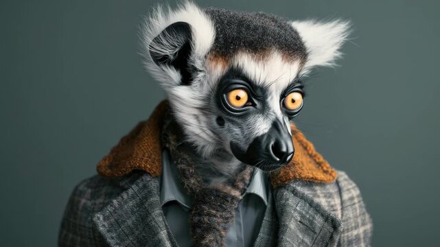 A man wearing a suit and tie with a monkey face. The monkey has yellow eyes and a black nose