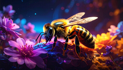 close-up of a bee against a natural background with neon lighting