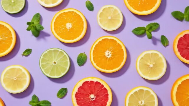 Colorful Citrus Slices and Mint Leaves on Pastel Purple Background