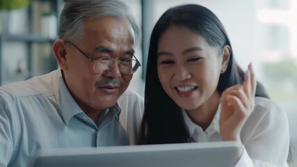 Friendly man and woman sharing a moment of happiness while using a laptop computer.