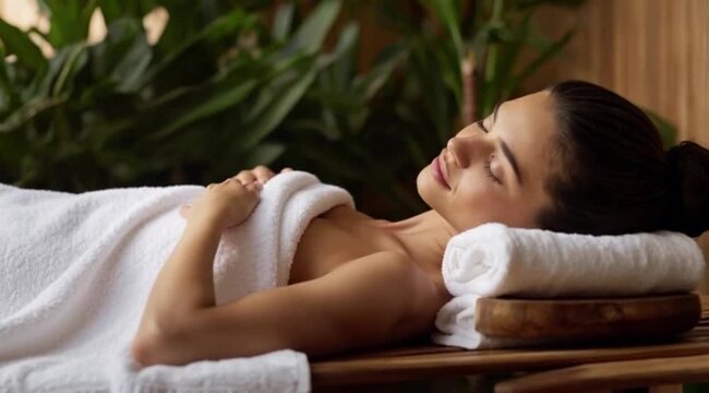 Mulher deitada de toalha numa maca de massagem relaxando. 