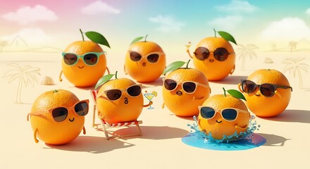 Obraz premium Vibrant oranges in sunglasses enjoy a joyful summer beach vacation, splashing and relaxing under tropical skies, a playful scene of refreshing holiday fun
