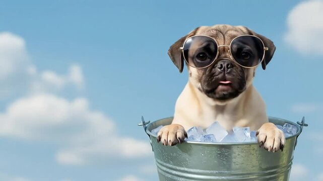 Playful Pug Puppy in Ice Bucket with Sunglasses