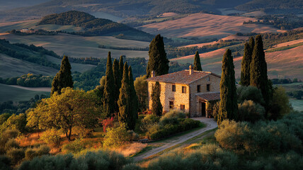 Naklejka premium Tuscan Villa Landscape. Cypress trees and a rustic villa on a hilltop in the stunning Tuscan countryside. Italy.