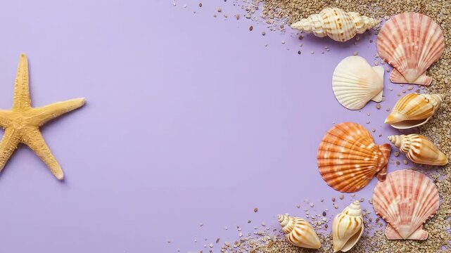 Vibrant Seashells and Starfish on Pastel Purple Summer Background