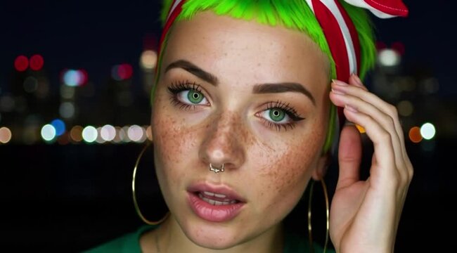 Jovem mulher com sardas no rosto e cabelo curto pintado de verde neon.