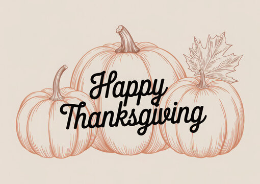 Happy Thanksgiving illustration with pumpkins and a maple leaf hand-drawn vector design for holiday greetings and seasonal celebrations