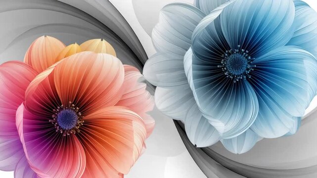 Floral animation of colorful flowers opening and closing with abstract gray waves, digital art footage