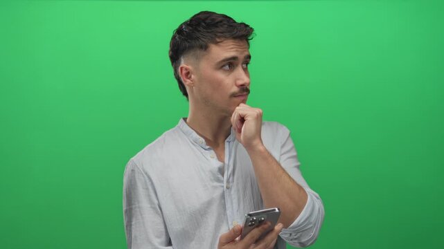 Young man pondering while holding smartphone in front of vibrant green background, depicting modern technology and introspective thought, wearing casual light shirt.