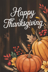 Happy Thanksgiving greeting card with pumpkins autumn leaves and wheat stalks on a wooden background perfect for seasonal celebrations