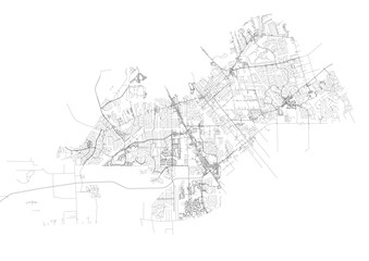 Minimalist monochrome map of League City showing highway & road networks with urban density — ideal for urban planning, design mockups, or geographic visualization.