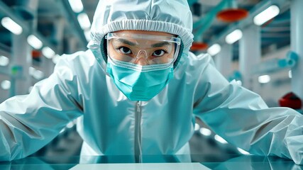 Protective Precision: A dedicated scientist, clad in a full protective suit, gazes intently as they navigate the complex world of scientific experimentation with precision and care. - Powered by Adobe