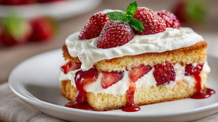 Delicious strawberry shortcake with dripping whipped cream on white plate