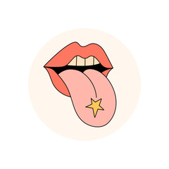 Groovy retro pink tongue sticker with a star as the main pop circle emblem. Funky mouth art creates a flat lid with y2k and package vibe, perfect for playful package seal or cool retro sticker