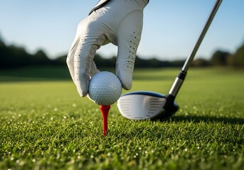Golf Ball Placement on Red Tee — Close-Up of Gloved Hand Preparing for Tee Shot on Lush Green Course