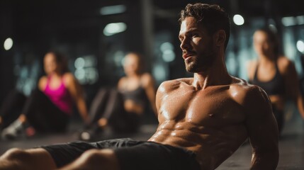 muscular guy doing sit ups at gym with other people in background young athlete doing stomach workout in modern gym handsome fit man doing crunches at gym no logos no brands ar 169