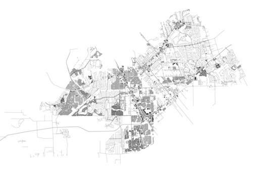 Monochrome map of League City showing highways, roads, and building footprints &mdash; ideal for urban planning, architectural visualization, or geographic design projects.