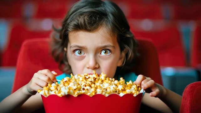 Movie Night Munchies: A young girl is immersed in a cinematic experience, her eyes wide with wonder as she enjoys a bucket of delicious popcorn.