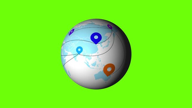 Digital World Map Animation with Pointers, Pins, and Global Connectivity in Green Background 