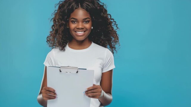 A cheerful individual with curly hair and a white top smiling while holding a notebook or folder in her right hand against a blue background.