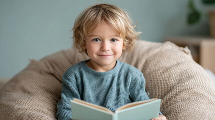 Young child enjoying reading in cozy corner with a book and library card