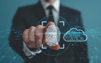 Businessman touching fingerprint for cloud access scanner, website banner, background image, background photo