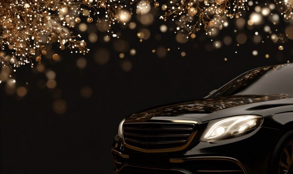 Black luxury car standing against a dark background, highlighted by glowing golden decorative lights and shimmering bokeh