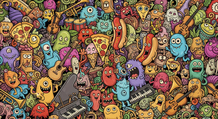 A vibrant and chaotic illustration filled with colorful monsters, musical instruments, and food items in a dense, whimsical composition.