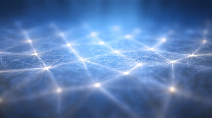Blue glowing network mesh background representing digital connection, data flow and futuristic communication concept.