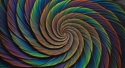 Vibrant abstract fractal spiral pattern resembling colorful feathers or fibers, creating a mesmerizing and hypnotic optical illusion in blue, green, and orange.