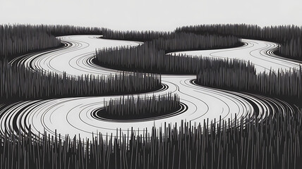 Monochrome Abstract Winding Path Through Stylized Forest Landscape Graphic Design