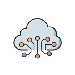 Obraz premium A stylized illustration of a cloud shape integrated with circuit board elements and colorful nodes, representing digital technology and data.