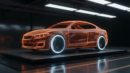 Futuristic Orange Wireframe Sedan Concept Car Digital Blueprint Displayed on Platform Futuristic - Powered by Adobe