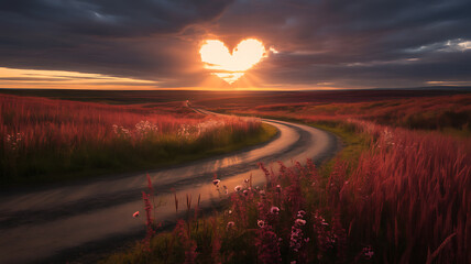Winding Road Through Golden Fields at Sunset with Heart-Shaped Sun