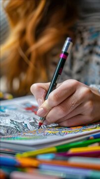 A focused individual engaging in a relaxing activity of coloring intricate designs using a pen.