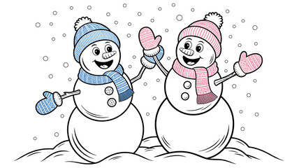 Cheerful Cartoon Snowmen Line Art Illustration with Winter Hats and Scarves, Perfect for Holiday and Christmas Designs
