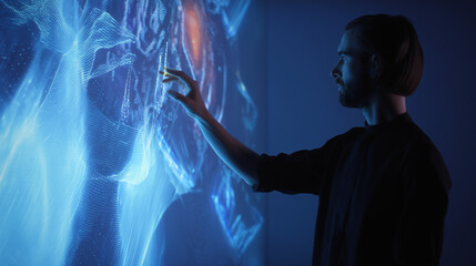 Exploring the Intangible: A focused individual explores a shimmering, ethereal projection, the vibrant blue hues of a futuristic display captivating the imagination