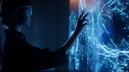 Digital Interface Interaction: A visionary individual explores a dynamic digital interface, their fingers interacting with a luminous display.