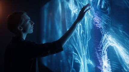 Technology Exploration: A person intently interacts with a futuristic, ethereal display, their outstretched hand connected to the complex visual data.
