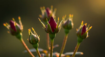 Crimson Rosebuds in the Soft Light of Early Morning.