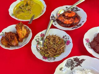 Nasi Campur or mixed rice, a Malay style complete meal with different types of side dishes