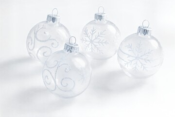 Glass Christmas Ornaments on White Background with Silver Patterns