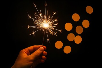 Sparkler in Hand with Golden Bokeh on Black Background