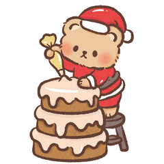 Tiny brown bear in Santa suit decorating tall layer cake with frosting kawaii Christmas bakery illustration cozy festive winter holiday dessert art cute design